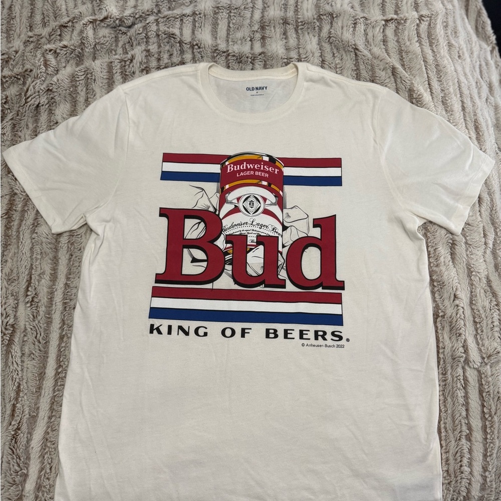 Old Navy White Short-Sleeve 'Bud' Graphic Tee with Red & Blue Accents
